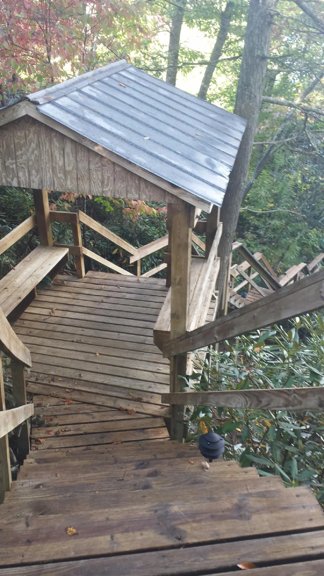 Metal roofed shelter over wooden steps on a wooded walkway — Skylight Repair & Installation work by our crew in Remlap